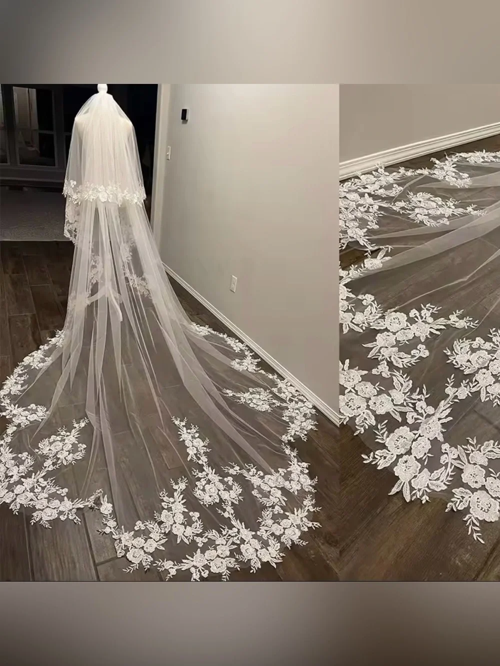Cathedral-Length Bridal Veil with Floral Lace Appliqué - ivory